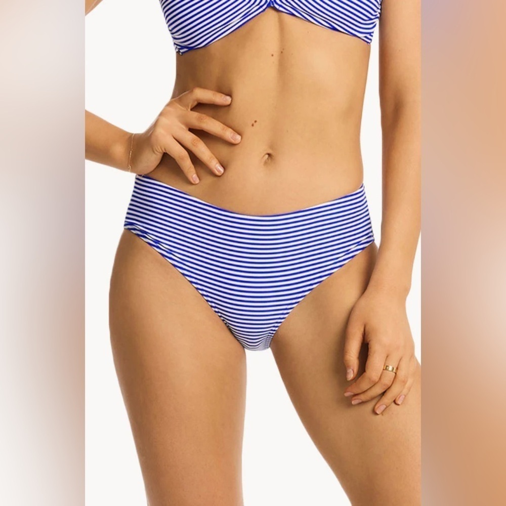 NWT Sea Level Swim Women’s Varsity Mid Bikini Pants in Blue/White Stripes US 12